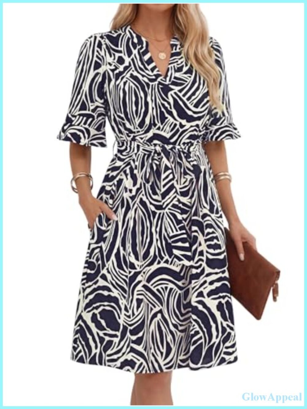 Women's V Neck Midi A-Line Shirt Dress with Pockets Ruffle Sleeve Tie Waist